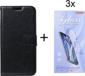 Bookcase Zwart Geschikt voor Samsung Galaxy S23 FE - portemonnee hoesje met 3 stuk Glas Screen protector - ZT Accessoires