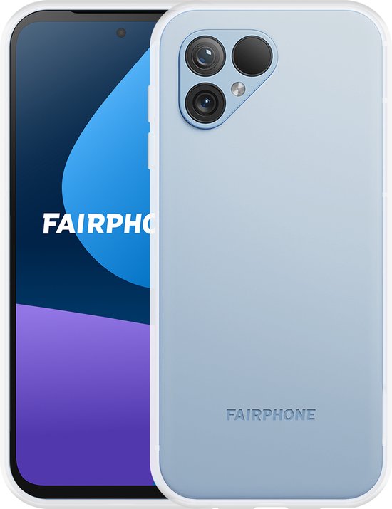 Lichtblauwe Fairphone 5 hoes met dubbele camera, naast een telefoon met blauw-paarse achtergrond.