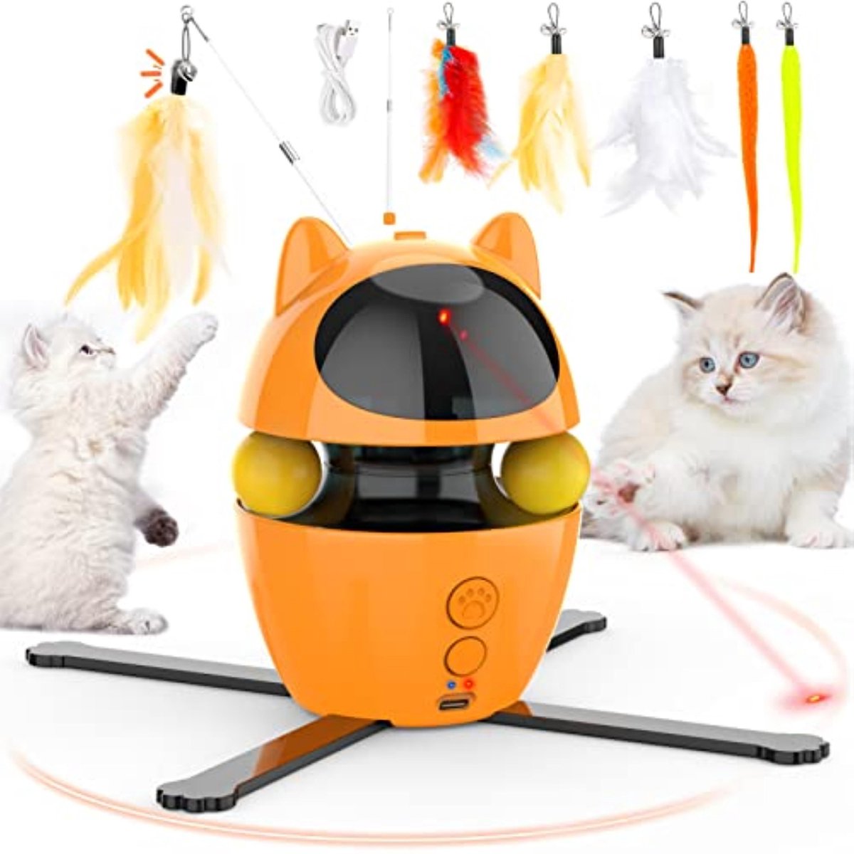 Kattenspeeltje met laser, veertjes, 4 in 1 Electrisch |bewegend -multifunctioneel, intelligent kattenspeelgoed, Cat toys, Poezen, USB opladen | Bewegend Kattenspeeltje Laser - Interactief Speelgoed Katten Laserpen - Laserlampje kat - Kittens