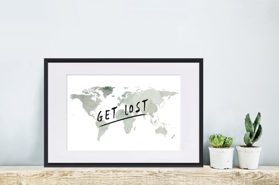 Affiche avec cadre Wereldkaart - Citation - Grijs - 60x40 cm