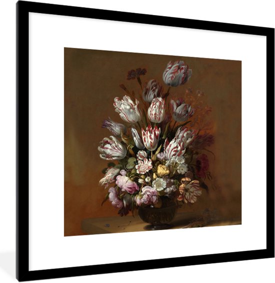 Affiche avec cadre Maîtres anciens - Nature morte aux fleurs - Peinture de Hans Bollongier - cadre photo noir - 40x40 cm - Affiche avec cadre