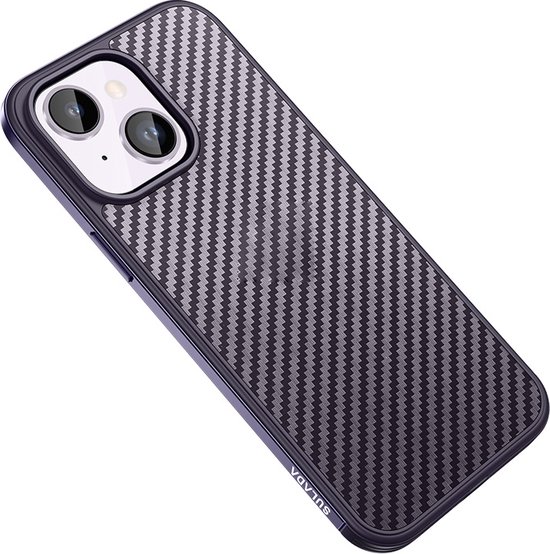 Sulada Carbonshield backcover shockproof met metale rand om case voor iPhone 14 Plus donker paars