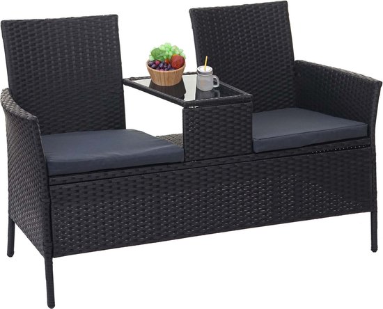 Zwarte polyrotan tuinbank met twee zitplaatsen en een geïntegreerde tafel.