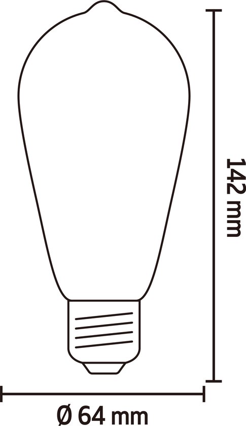 Technische tekening van een gloeilamp met afmetingen: hoogte 142 mm, diameter 64 mm.