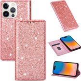 Apple iPhone 15 Pro Glitter Telefoonhoesje - Hoogwaardig PU Leren Bookcase - Pasjeshouder - Licht Roze