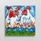 3 Gekke kippen | Vrolijk Schilderij | 80x80cm | Dikte 4 cm | Canvas schilderijen woonkamer | Wanddecoratie | Schilderij op canvas | Kunst | Corrie Leushuis