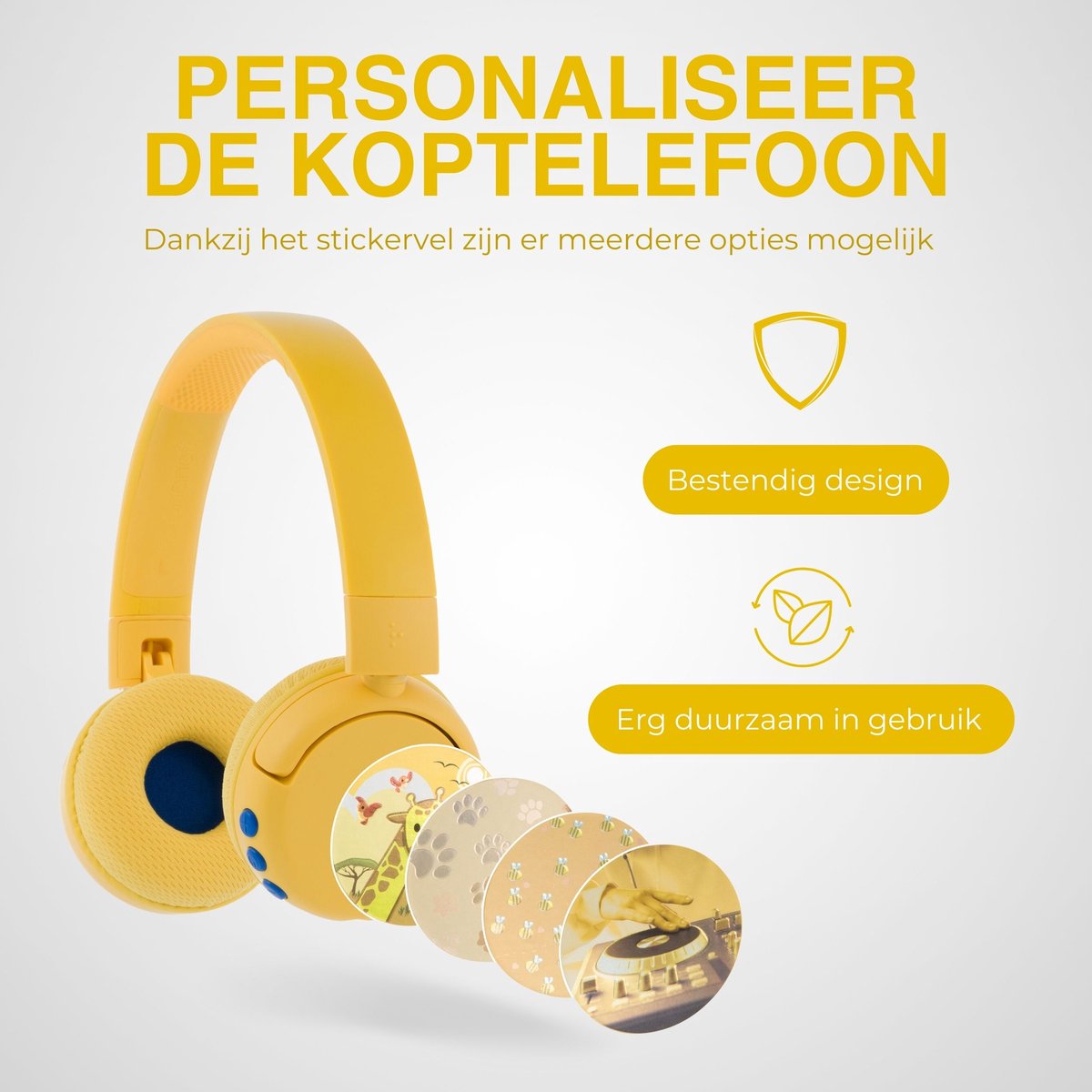 BuddyPhones PopFun Koptelefoon Kinderen - Kinder Koptelefoon Draadloos – Volumelimiet 84/95 dB – 24 uur batterijduur – Bluetooth Hoofdtelefoon - Ingebouwde microfoon - Inclusief Leuke Stickers - Geel — afbeelding 6