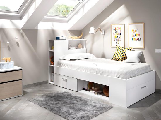 Bed met hoofdbord, opbergruimte en lade - 90 x 190 cm - Wit + Bedbodem - LEANDRE L 218.5 cm x H 95 cm x D 99.6 cm