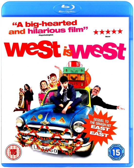 Voorpagina Blu-ray hoes van 'West is West' met de titel in grote letters en de cast op een overladen auto.