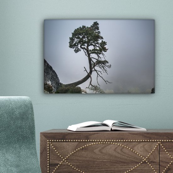 Peinture sur toile - Falaise - Arbres - Vert - Brume - Photo sur toile - Canvasdoek - 30x20 cm - Toile nature
