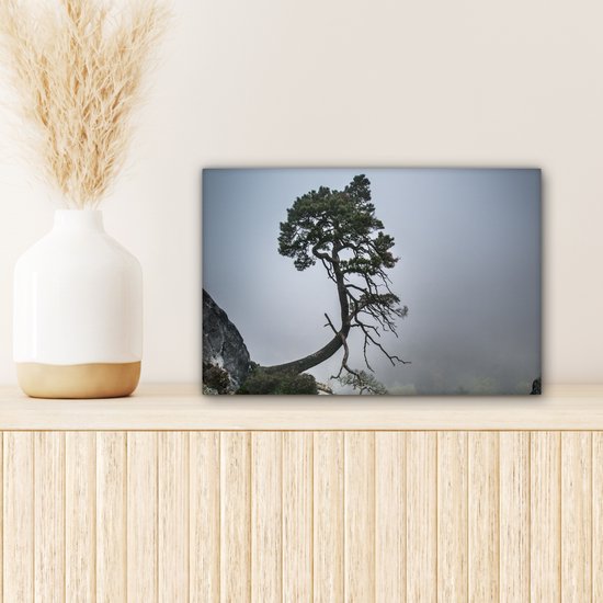 Peinture sur toile - Falaise - Arbres - Vert - Brume - Photo sur toile - Canvasdoek - 30x20 cm - Toile nature