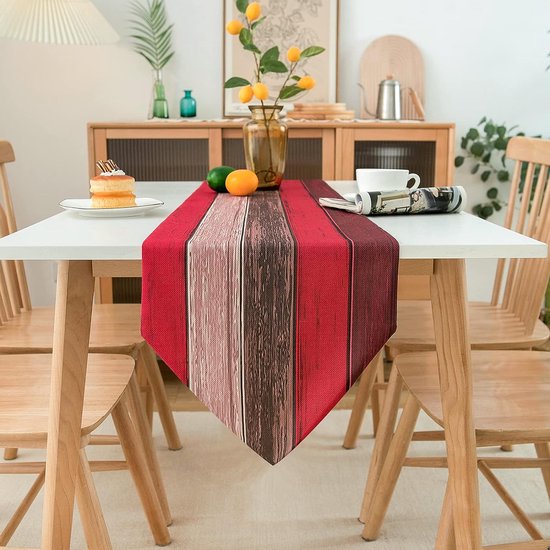 Chemin de table rouge orange lin moderne texture bois rayures ferme  rustique rétro