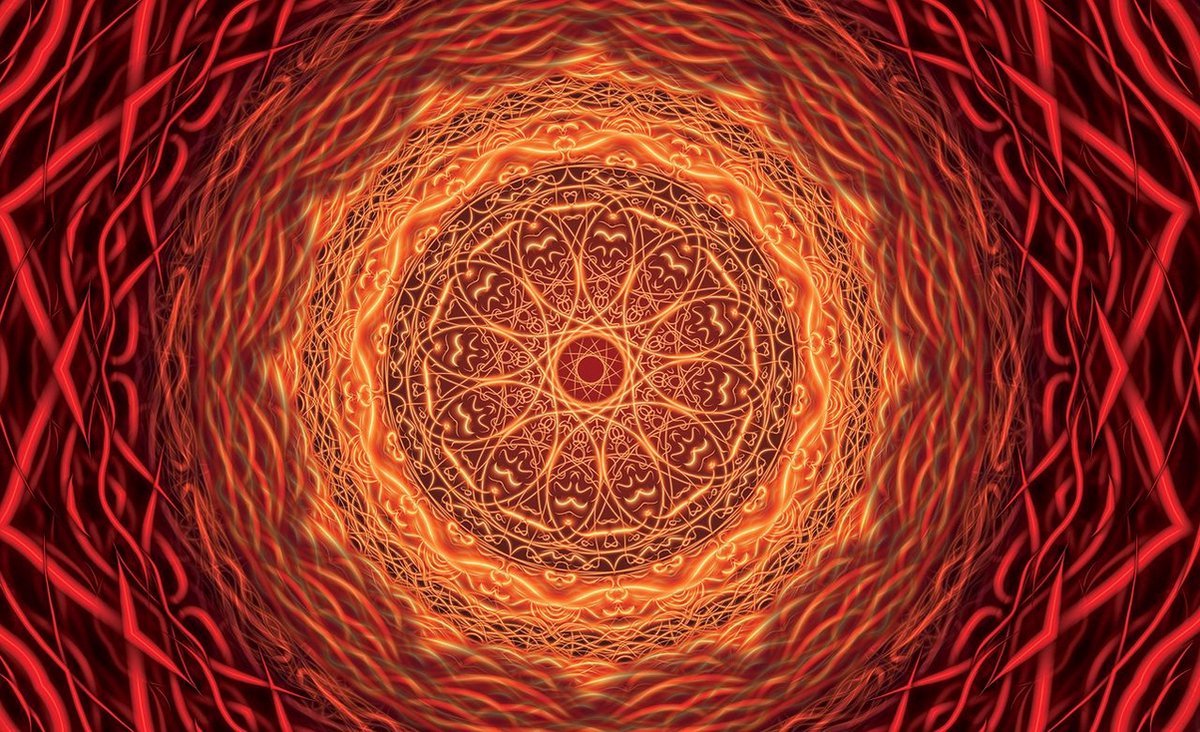 Fotobehang - Vlies Behang - Rode 3D Mandala - Kunst - Ornament - 416 x 254 cm