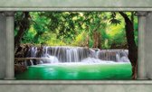 Fotobehang - Vlies Behang - 3D Magische Waterval in de Jungle Raamzicht - 254 x 184 cm