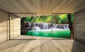 Fotobehang - Vlies Behang - Jungle Waterval Terras Zicht 3D - 312 x 219 cm