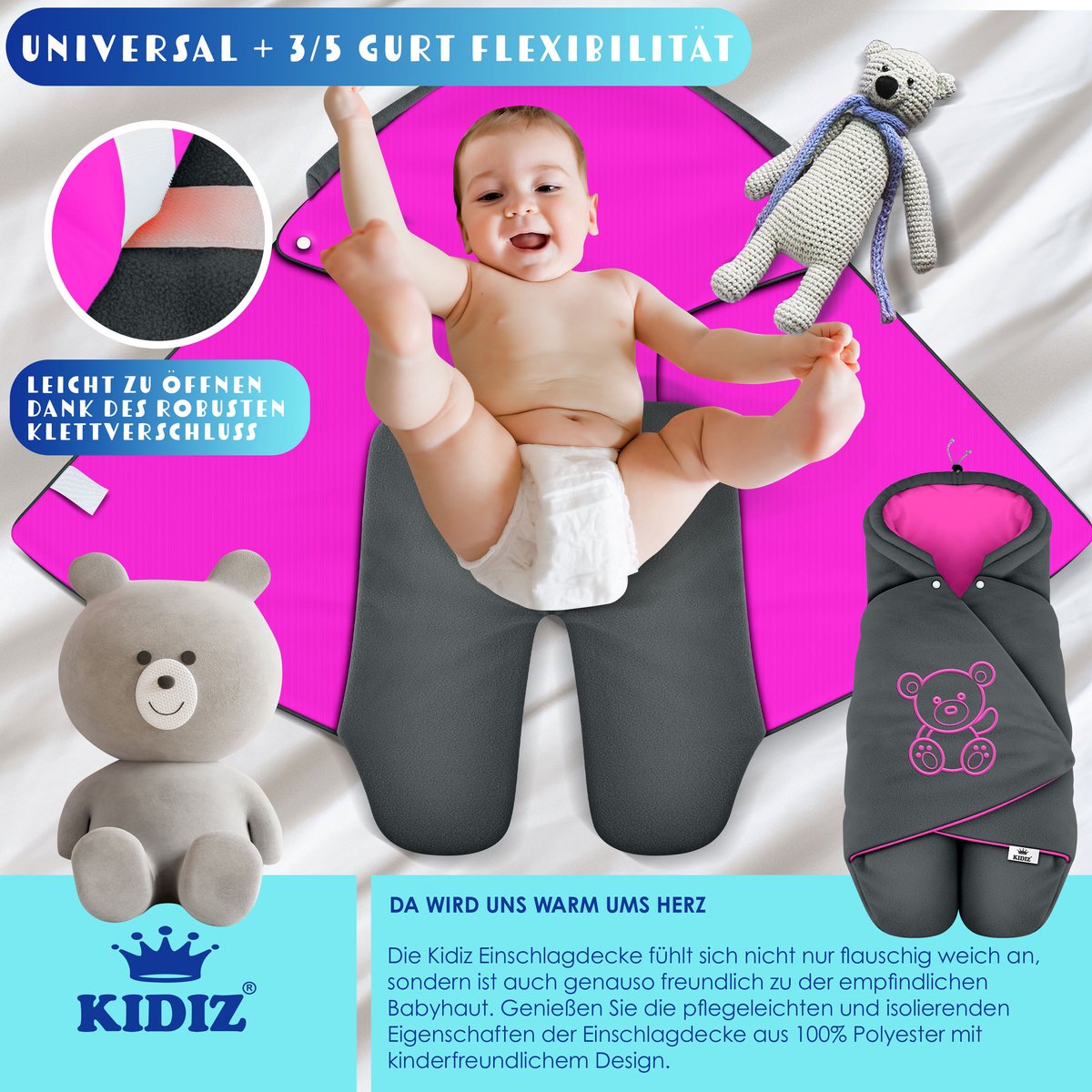 KIDIZ® Baby Slaapzak voor Buggy Voetenzak voor Autostoeltje & Wandelwagen Babyschaal, voor Winter met Kap + Babyslaapzak Deken voor Maxi-Cosi & Kinderwagen alle Gordelsystemen 3 & 5-Puntsgordel - Antraciet / Roze – foto 3
