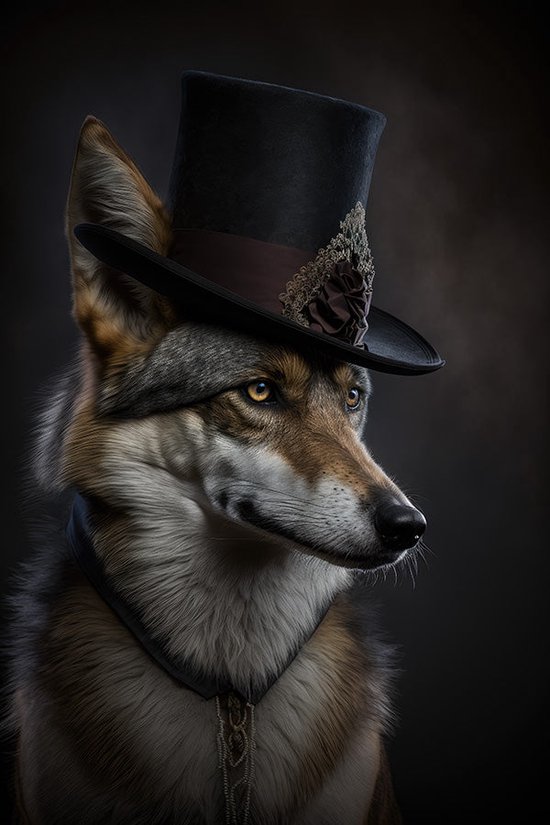 Klassieke wolf met hoed - plexiglas schilderij - 80 x 120 cm