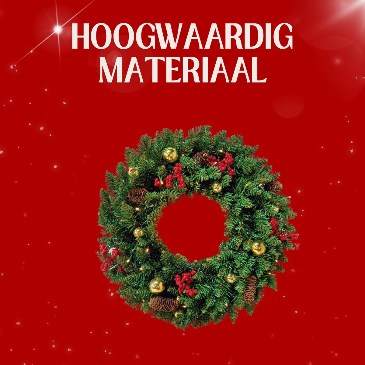 Buxibo PVC Kerstkrans met LED-verlichting, Dennenappels, Rode Bessen en Kerstballen - Met 40 lampjes op batterijbox - 150 takken - 50cm - – foto 3