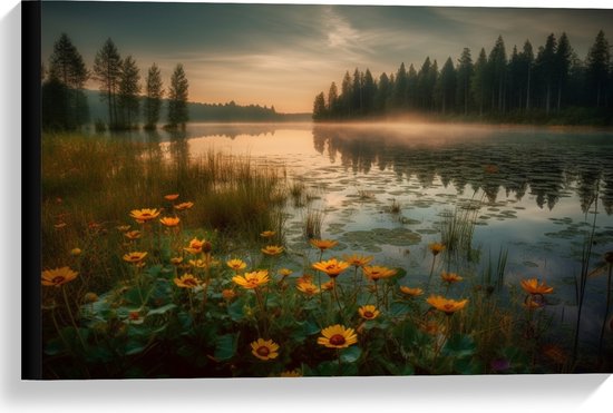 Canvas - Gele Bloemen Dobberend op het Water bij Bomen - 60x40 cm Foto op Canvas Schilderij (Wanddecoratie op Canvas)