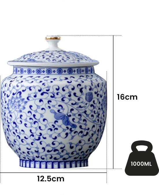 Blauw-witte porseleinen urn met bloemenpatroon, met afmetingen 16cm hoog en 12.5cm breed.