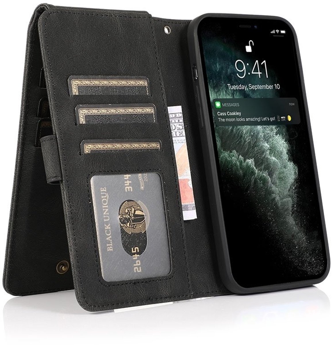 Zacht Leren geschikt voor iPhone 15 Wallet Hoesje - zwart