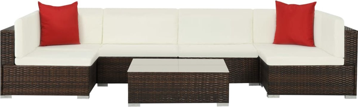 The Living Store 7-delige Loungeset met kussens poly rattan bruin - Tuinmeubel - Lounge Set - Hoeksofa - Buitenshuis Meubilair - Bruine Bank