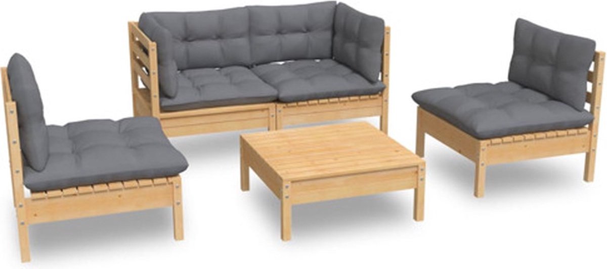 The Living Store 5-delige Loungeset met grijze kussens massief grenenhout - Loungeset - Tuinset - Houten Lounge - Buitendecor - Tuinlounge