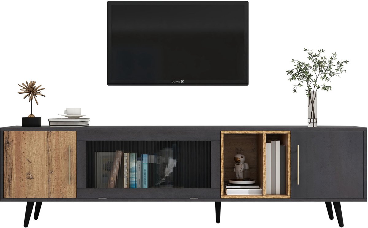 Merax TV Meubel met Glazen Deur - TV Kast met Deuren en Vakken - Grijs met Bruin