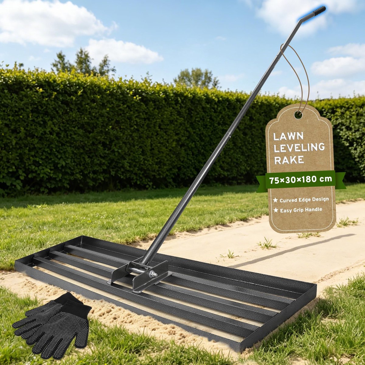 Solidchoice- Gazonniveller - 75 x 30 cm harkkop - 180 cm gebogen handvat - tuinhark - gazon nivellering - schokbestendig ontwerp