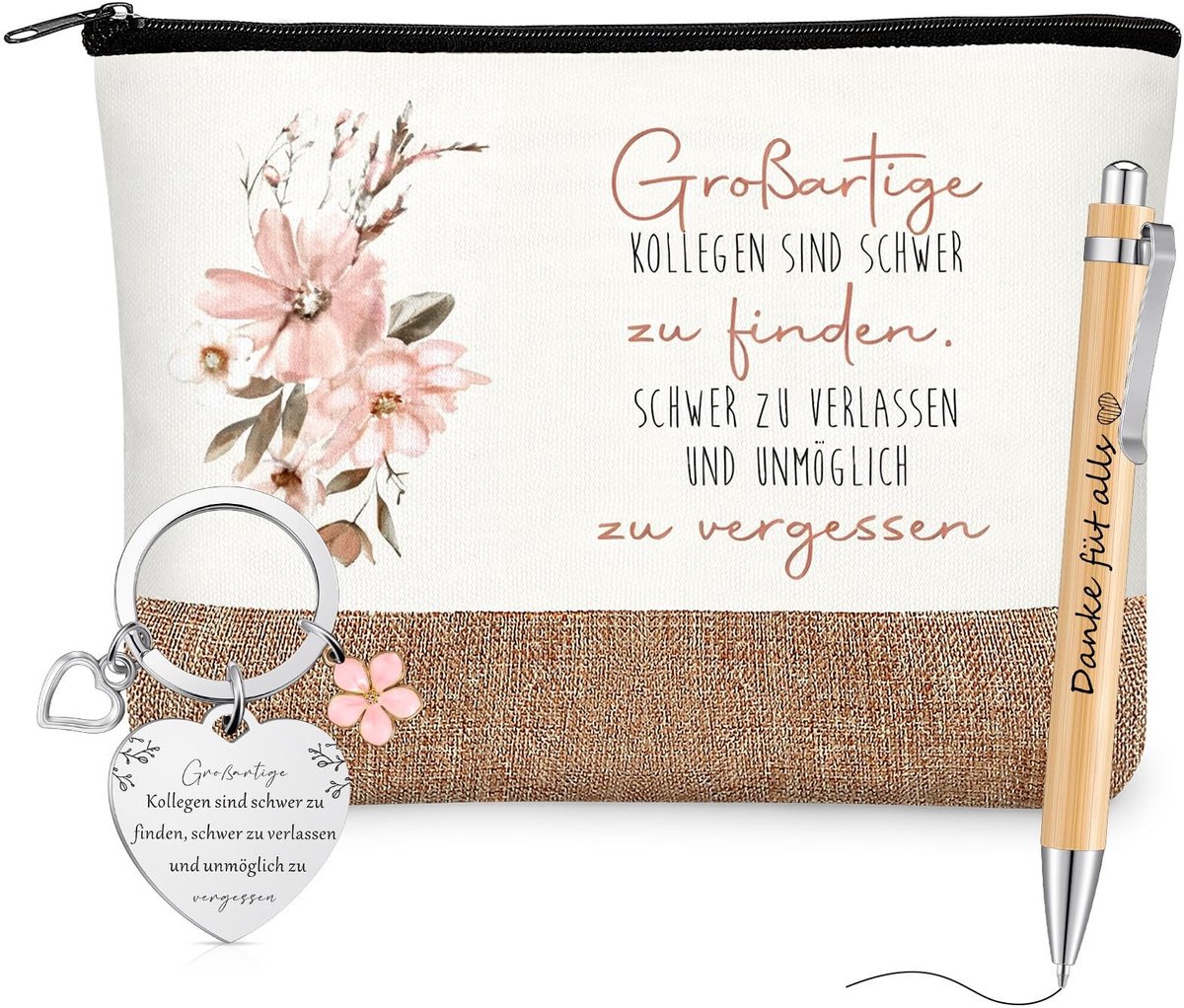 Solidchoice- Afscheidsbedankcadeaus 3 Stuks - Toilettas/Sleutelhanger - Balpen - Cadeauset Collega - Herinneringen - Elegante Decoratie