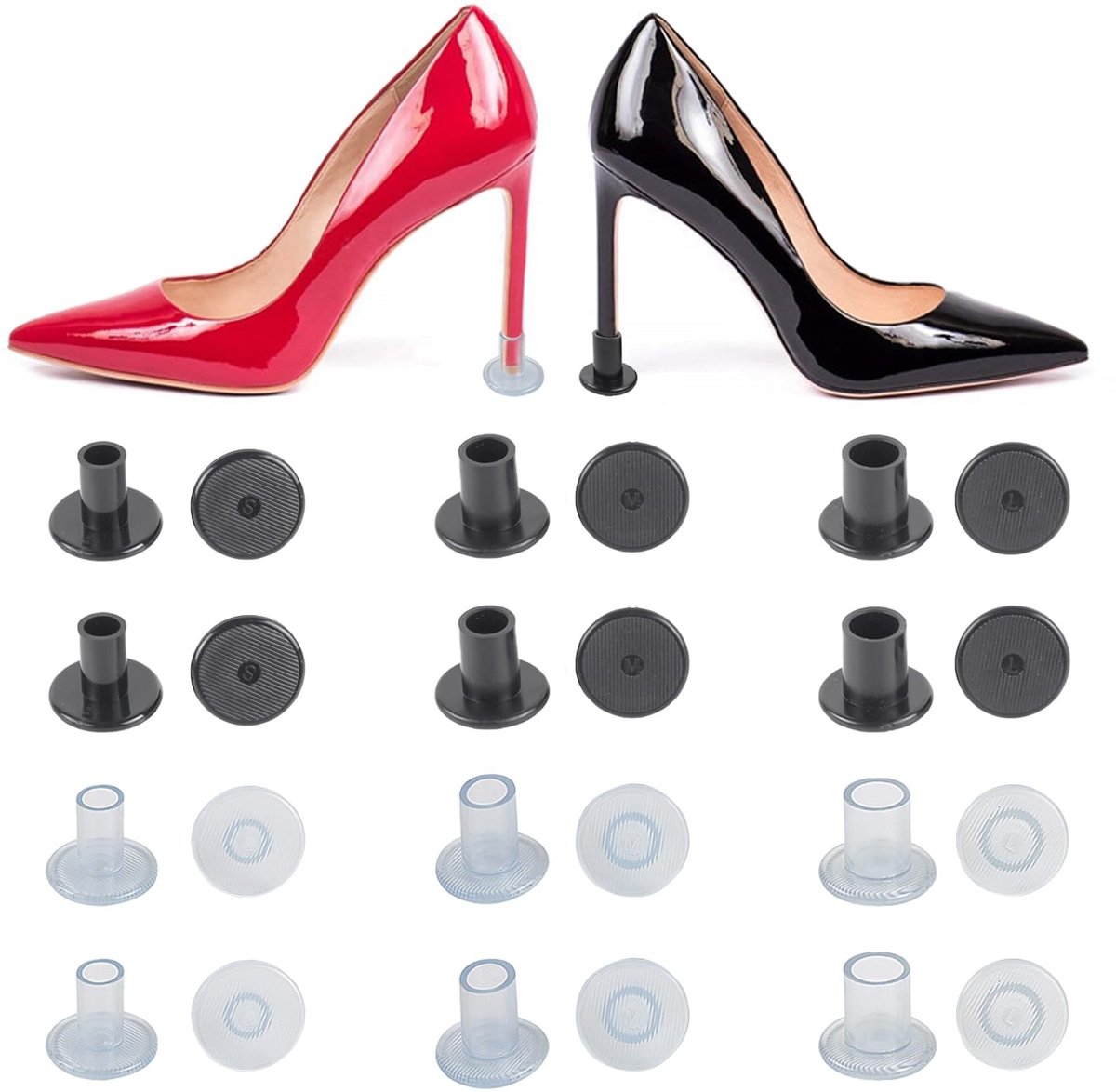 Solidchoice- Hakbeschermers Hoge Hakken - 12 Paar - 3 Maten - Transparant/Zwart - Hielbeschermers Stiletto - Schoenbescherming - Perfect voor Bruiloft/Feesten