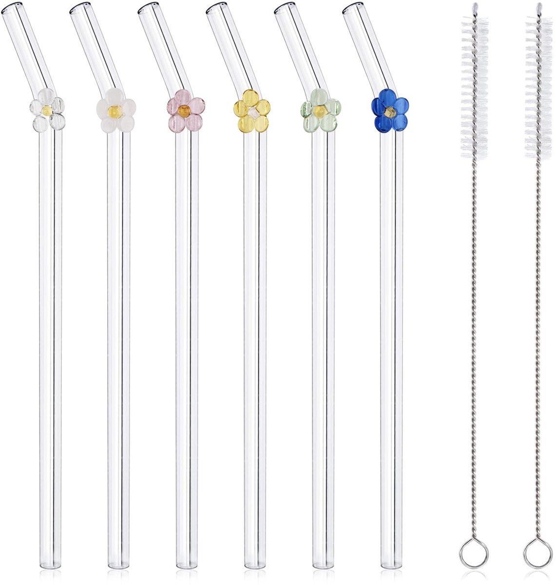 Dailygoods- Glazen Rietjes Set van 6 - Herbruikbaar - Borosilicaatglas - Inclusief 2 Schoonmaakborstels - Eco-vriendelijk - Temperatuurbestendig