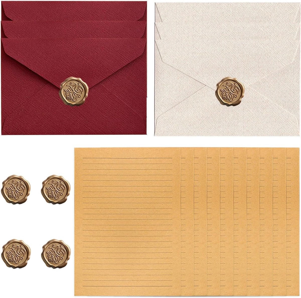 Vintage Briefpapier Set met 6 Linnen Enveloppen en Waszegels voor Bruiloften, Uitnodigingen en Kaarten