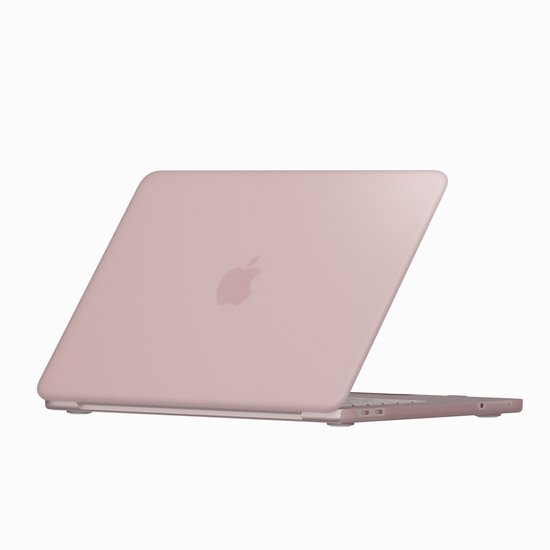 MacBook Neo rose pâle avec un subtil logo Apple sur le capot fermé. Le dessous est visible avec des pieds blancs.