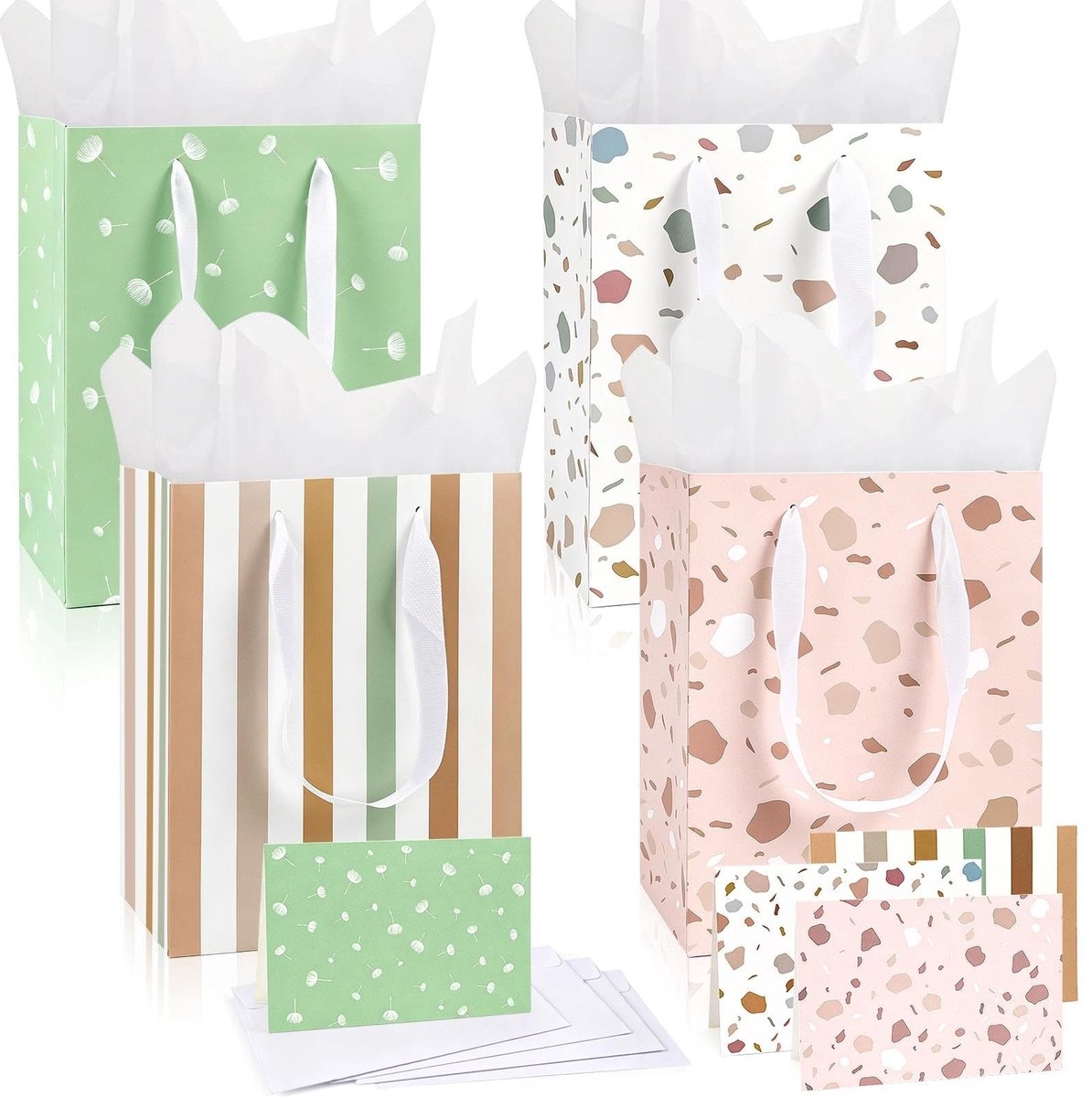Dailygoods- Feestzakjes Set van 4 - Papieren Cadeauverpakking - Pastelkleuren - Met Handgrepen - Inclusief Zijdepapier - 18 × 10 × 22,5 cm - Cadeautas