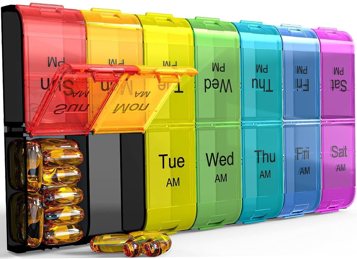 Dailygoods- Pillenorganizer Extra Groot - 7 Dagen - 2 Vakken - Wekelijks - AM/PM - Grote Capaciteit 14 x Visolie/20 x Tabletten - Medicijnendoos