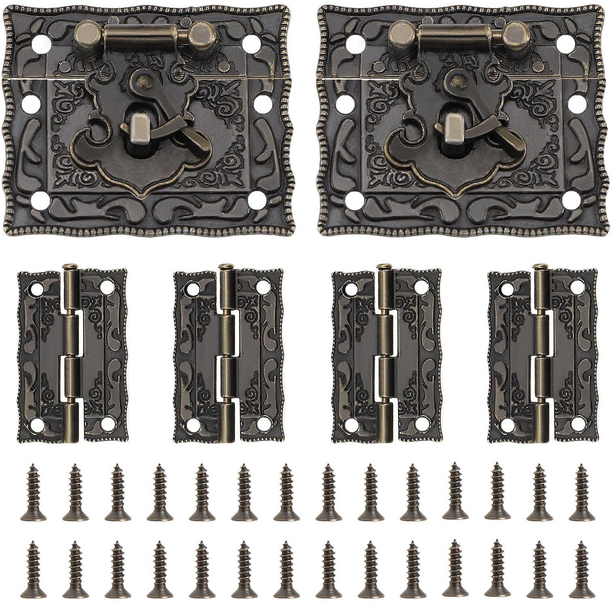 Dailygoods- Hasp - Antieke Hasp Latch Lock 50.8x42mm - Mini Scharnier 36x23mm - 2 Stuks Hasp Sloten - 4 Stuks Scharnieren - 28 Stuks Schroeven - Vintage Design - Vergrendeling