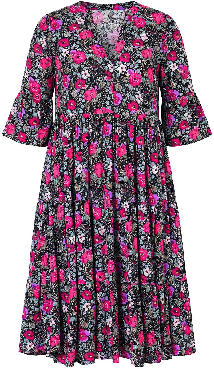 Studio Untold - Dames - Midi-jurk A-lijn bloemenpatroon - Zwart - Maat 42+