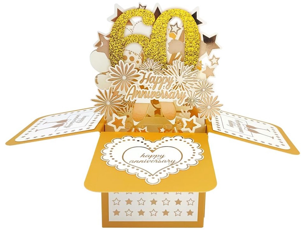 Dailygoods- Wenskaart 60-jarig Huwelijksjubileum - Pop-up Wenskaart - 3D Diorama - Feestdecoratie - Hoge Kwaliteit Papier - Gouden Glinsterende Letters - Jubileumkaart