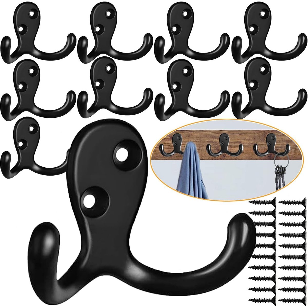 Kapstok haken - Wandhaak - Haakjes - TENZHVXI® - 10 stuks - Roestvrij - Geschikt voor het ophangen van kleding, hoeden, schoudertassen, sleutels - Zwart