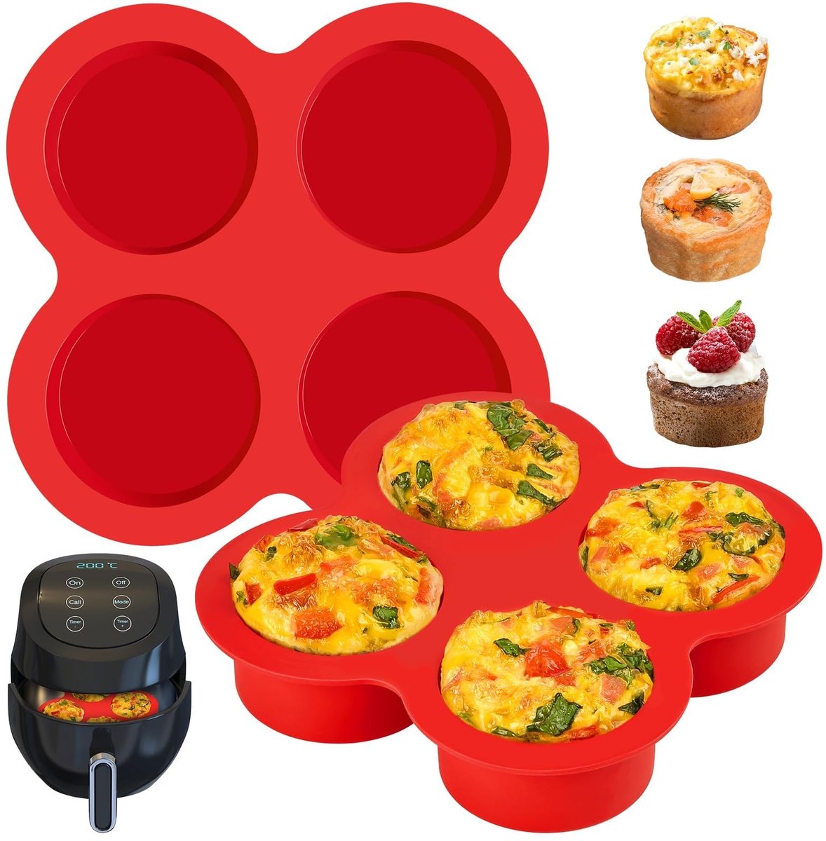 Dailygoods - 2 stuks siliconen mal voor airfryer met 4 verdiepingen, anti-aanbak-siliconen vormen voor muffins, cupcake, cake, cake en quiche, hittebestendige siliconen vorm, ideaal voor bakvormen