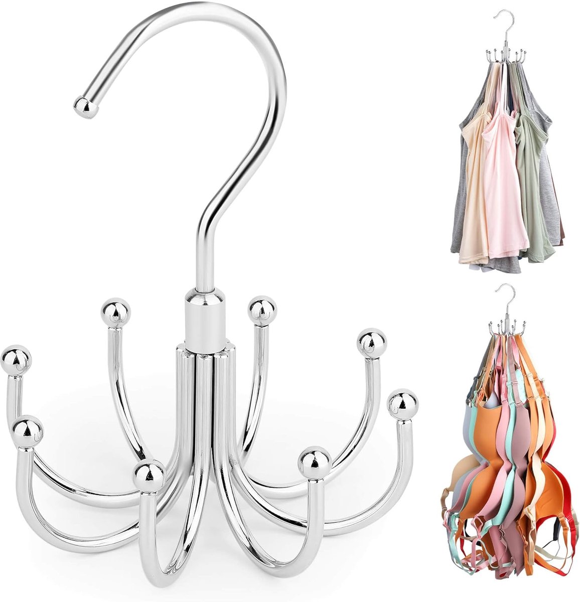 OLOEY Hanger voor tanktops-draaibare beha-organizer voor in de kast-met ruimte voor maximaal 24 sportbeha’s-ruimtebesparende opbergoplossing van metaal voor in de kast-zilverkleurig