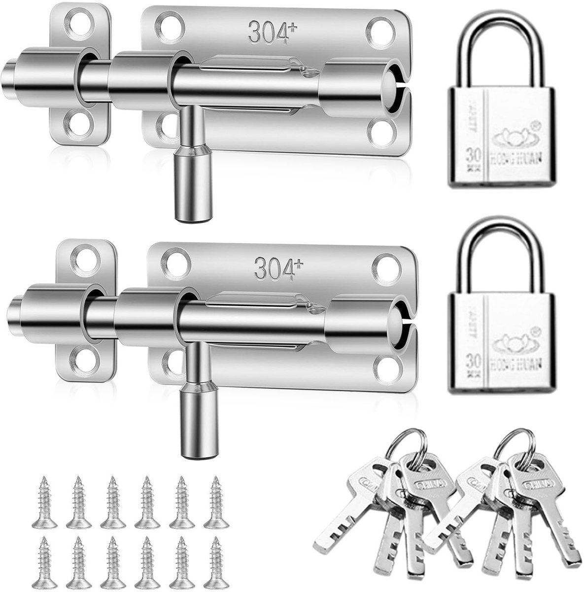 Dailygoods - 2 sets deurslot bouten, roestvrij stalen boutsloten met hangslot, schuifpoort grendel poortbouten voor houten poorten, deurvergrendeling sloten voor badkamer slaapkamer tuinhuisje garagedeursloten