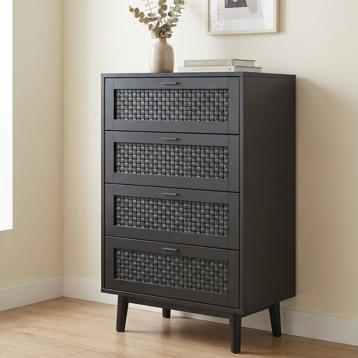 Ladekast met 4 Lades - 55x39.8x95 cm - Opbergkast met Kantelbeveiliging - Hout en Rattan-look - Zwart
