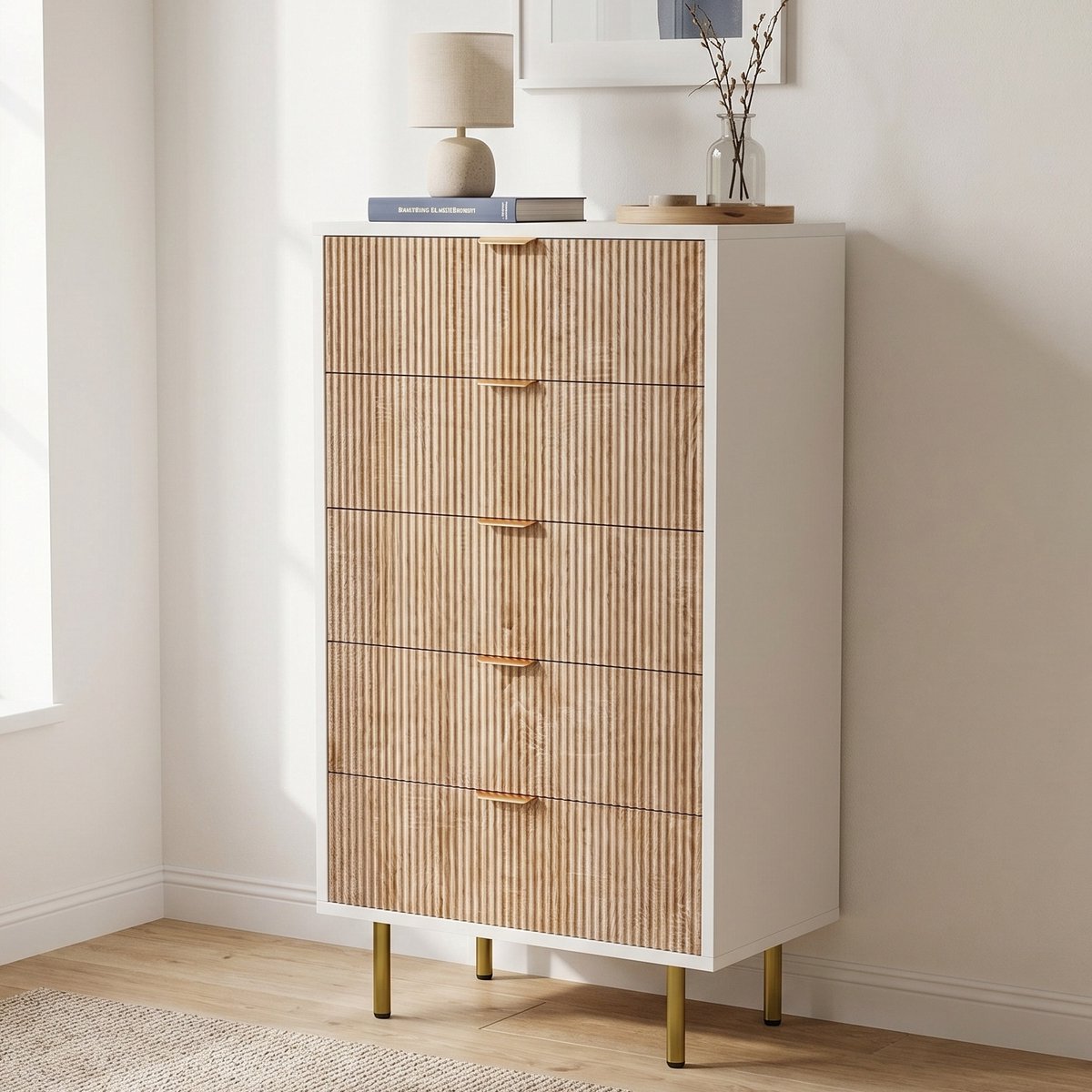 Ladekast - 60x34x110cm - Opbergkast met 5 lades - Grote opbergkast - Hout en metaal - Modern - Houtkleur en wit