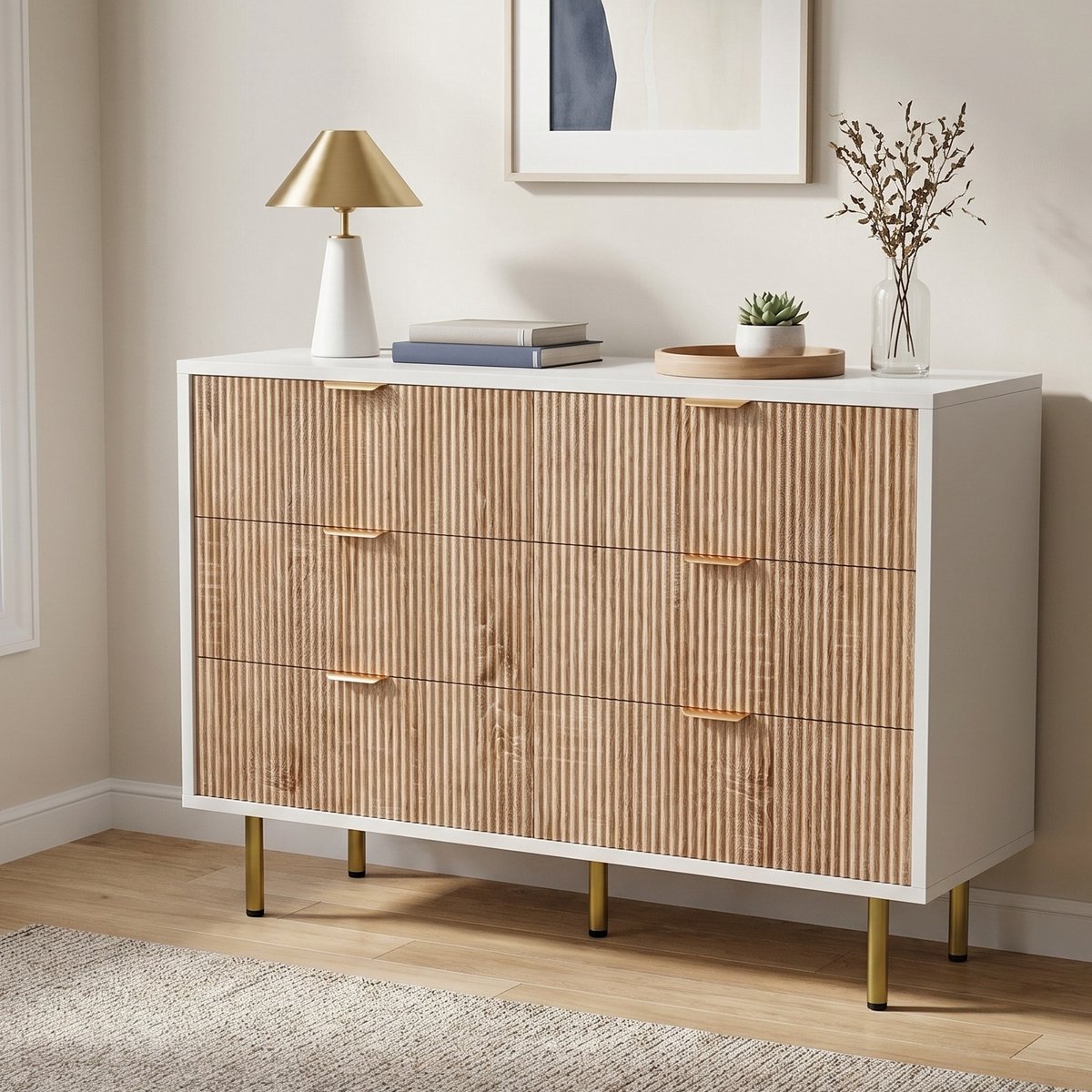 Ladekast - 100x34x73cm - Opbergkast met 6 lades - hout en metaal - geribbeld design - modern - Houtkleur en Wit