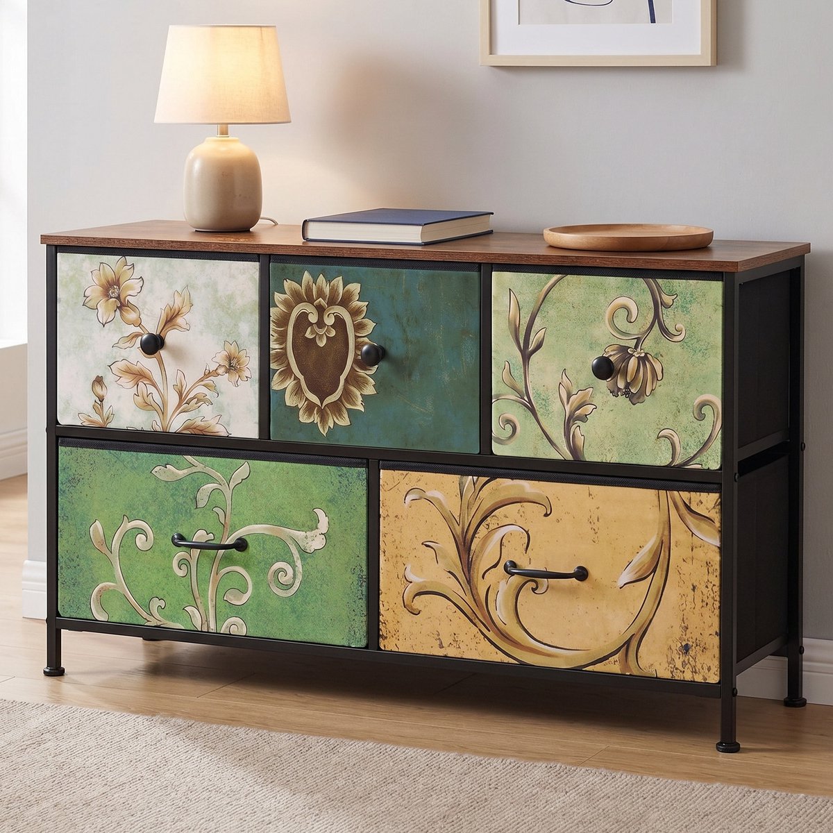 Ladekast - 100x30x55cm - met 5 Stoffen Lades - Opbergkast met Metalen Frame en Houten Blad - Vintage Stijl - Veelkleurig