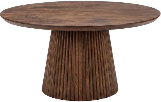 Ronde salontafel met een houten blad en een gedetailleerde, geribbelde voet van donker hout.