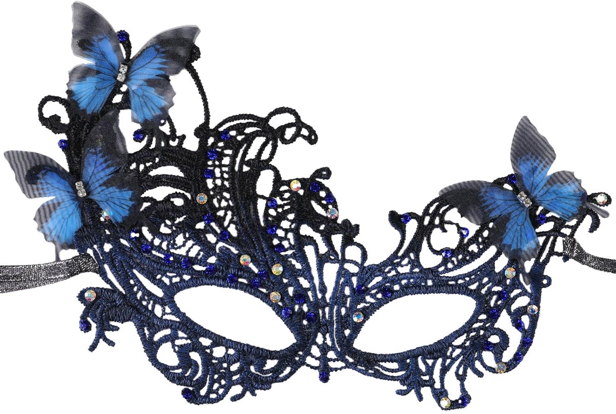 Dailygoods- Masker Venetiaans - Kanten Oogmasker - Blauw met Strass - Licht en Comfortabel - Perfect voor Carnaval - Mysterieuze Sfeer - Feestmasker