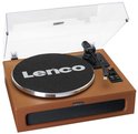 Bruine Lenco platenspeler met vier ingebouwde speakers, transparante stofkap en zwarte draaitafelmat met Lenco logo.